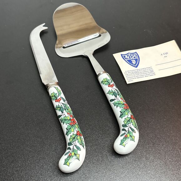 House of Prill Sheffield 2 Piece Cheese Set Knife Slicer England Christmas Holly - Picture 6 of 6